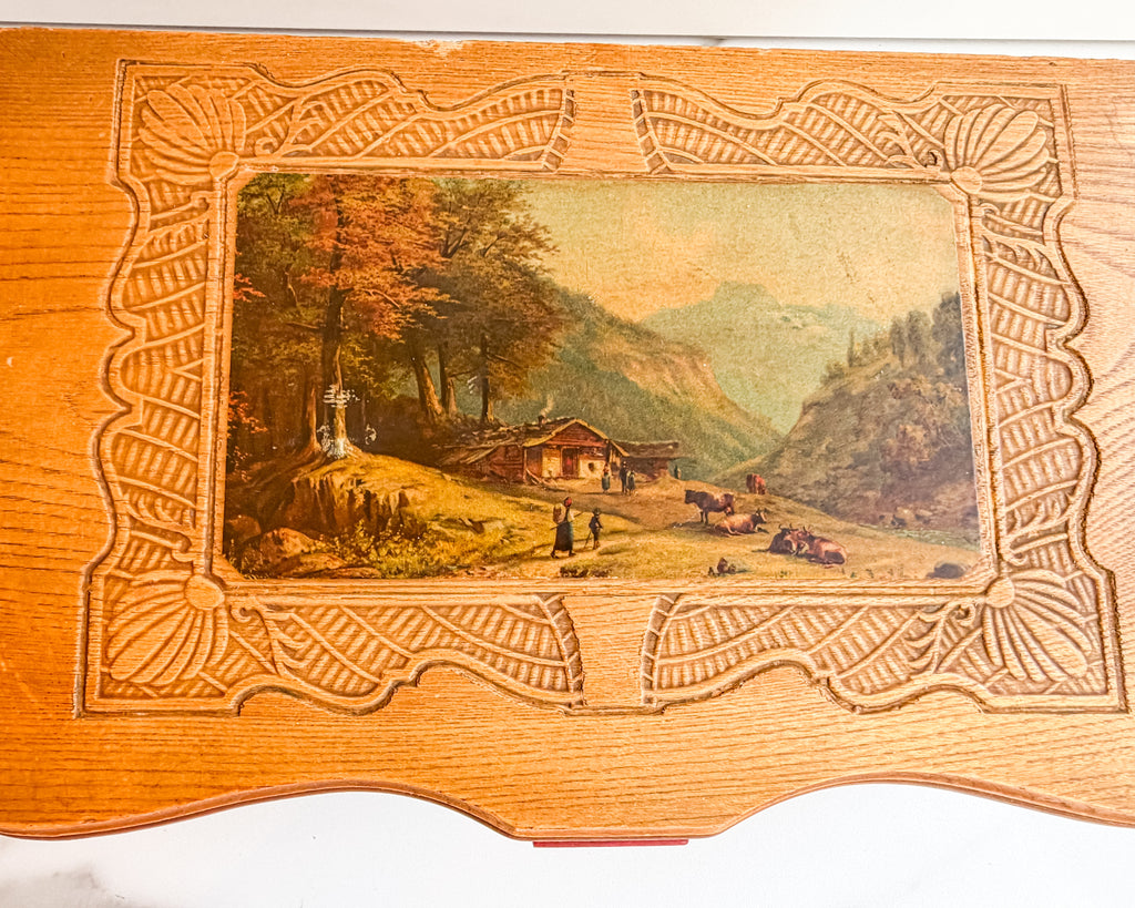 Vintage Carved Wood Jewelry Box with Mirror & Alpine Landscape Vanity Box