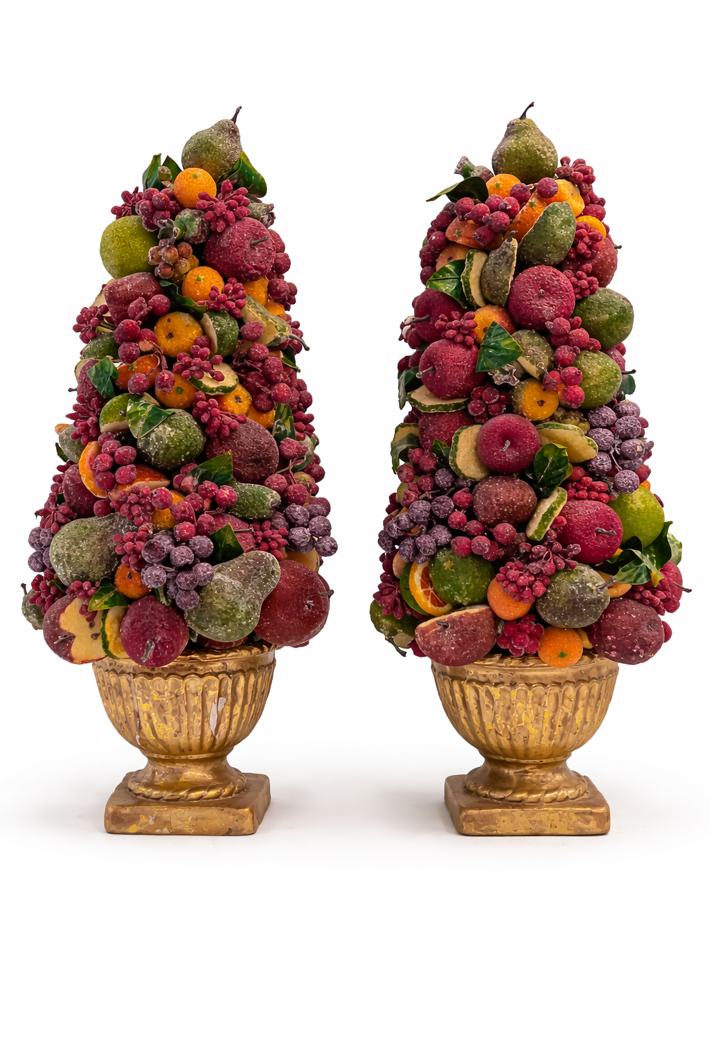 18” Fruit Topiary Pair in Gilded Urns – European Estate Style Arrangement