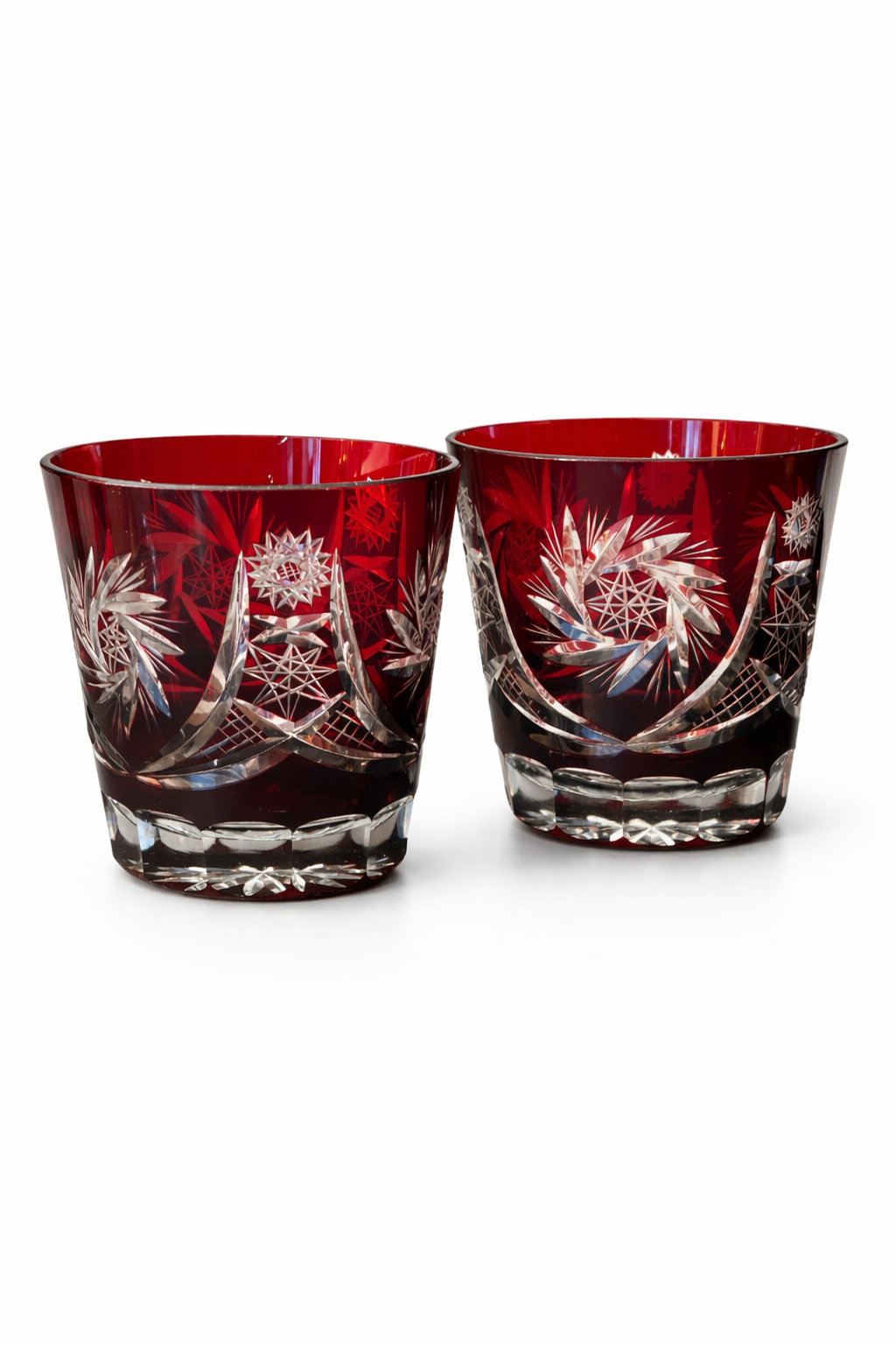 Ruby Red Cut Crystal Double Old Fashioned Glasses – Hand-Cut Starburst Pattern- Set of Two