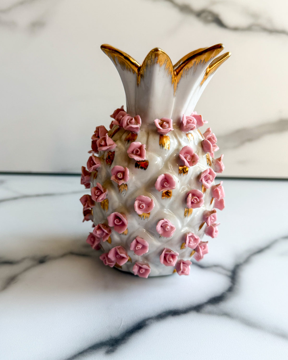 Vintage Lefton China Applied Pink Rosebud Vase Hand Painted Porcelain with Gold Trim KW7283