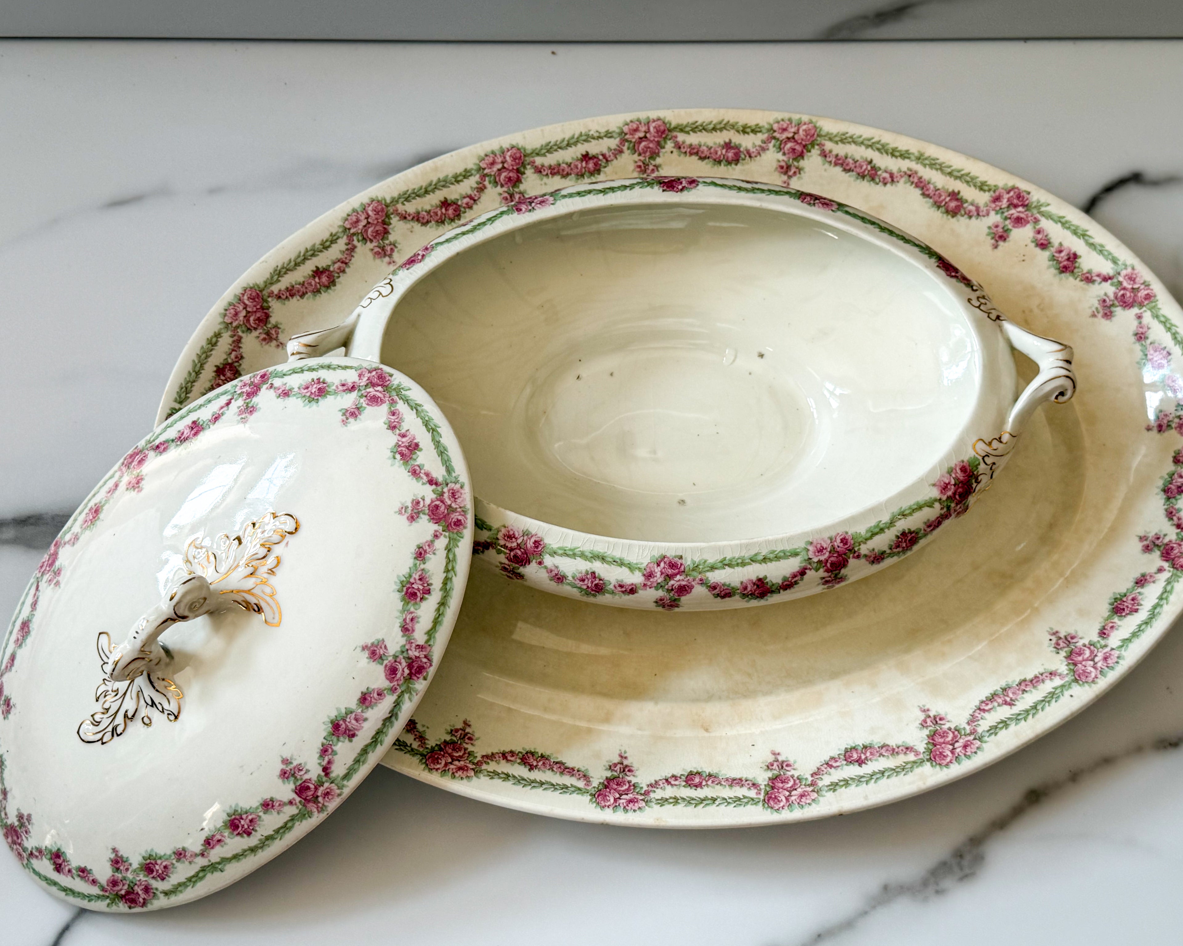 Antique Haddock & Sons Royal Vitreous Covered Tureen with Platter – Pink Floral Garland Transferware, England, 17” Serving Set