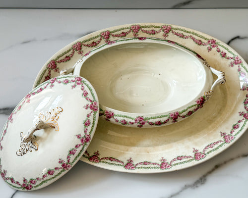 Antique Haddock & Sons Royal Vitreous Covered Tureen with Platter – Pink Floral Garland Transferware, England, 17” Serving Set