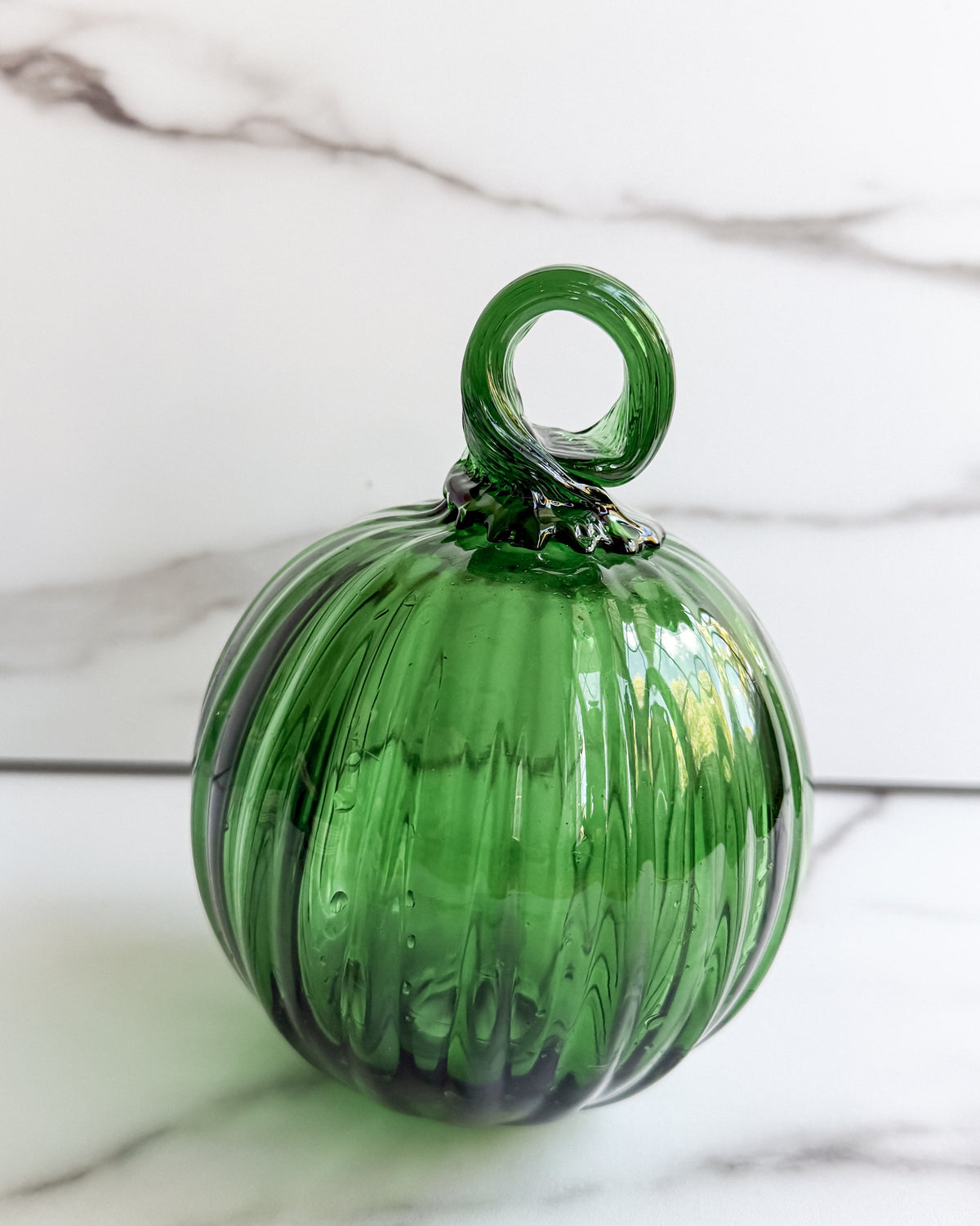 Vintage Emerald Green Hand-Blown Glass Pumpkin with Curled Stem  Glass Fall Decor