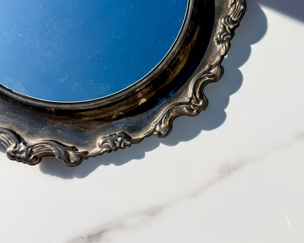 Vintage Silverplate Vanity Tray with Mirrored Center Ornate Rococo Scroll Edge