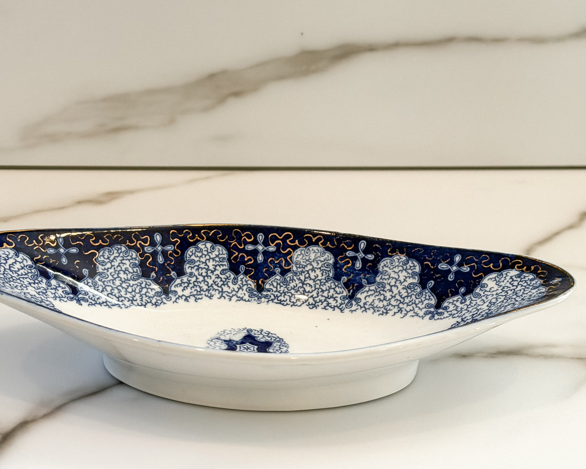 Antique German Flow Blue Persian Moss Serving Dishes with Gold Trim – Blue & White China – Set of 2