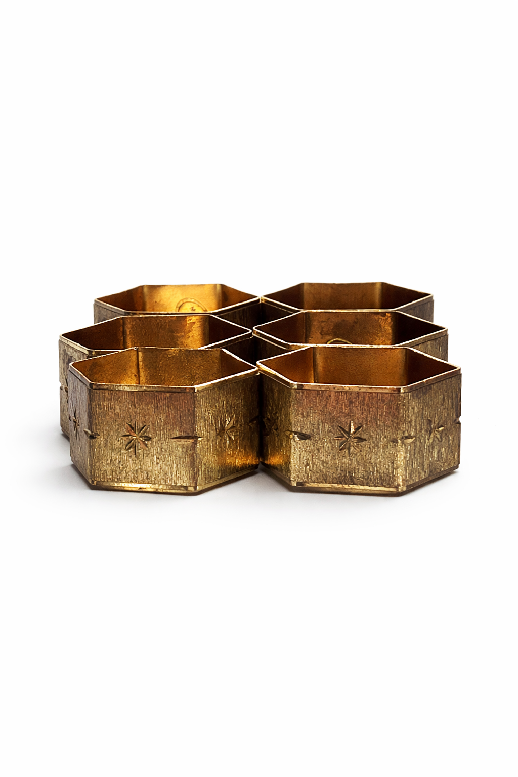 Mid-Century Hexagonal Brass Napkin Rings with Starburst Engraving – Set of 6