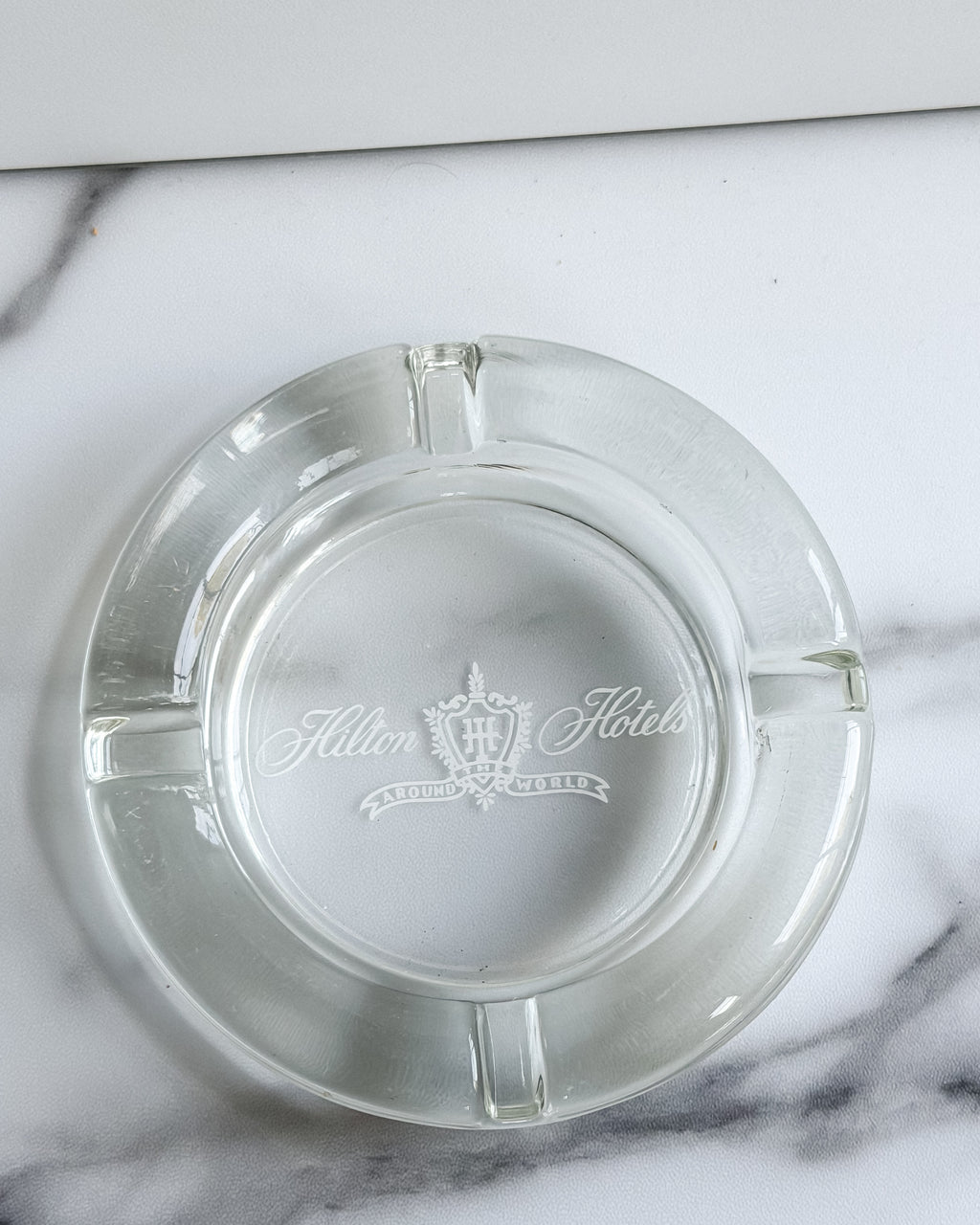 Vintage Hilton Hotels “Around the World” Glass Ashtray 4.5” Hotel Advertising