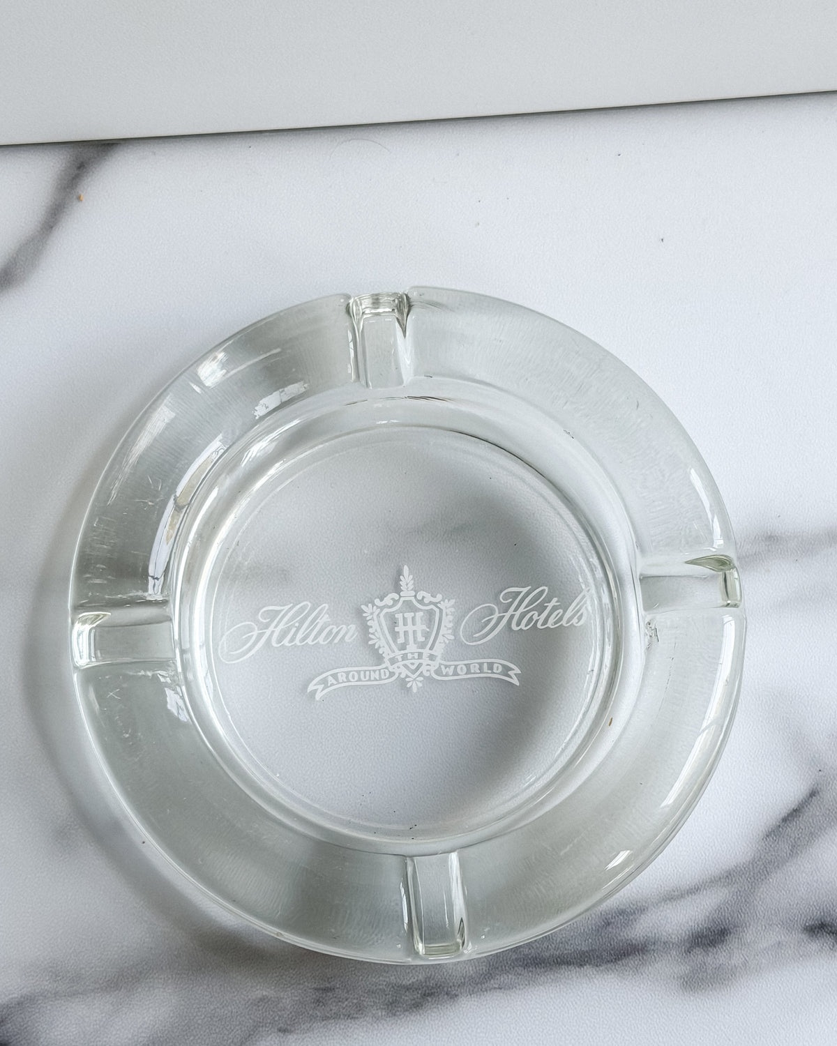 Vintage Hilton Hotels “Around the World” Glass Ashtray 4.5” Hotel Advertising
