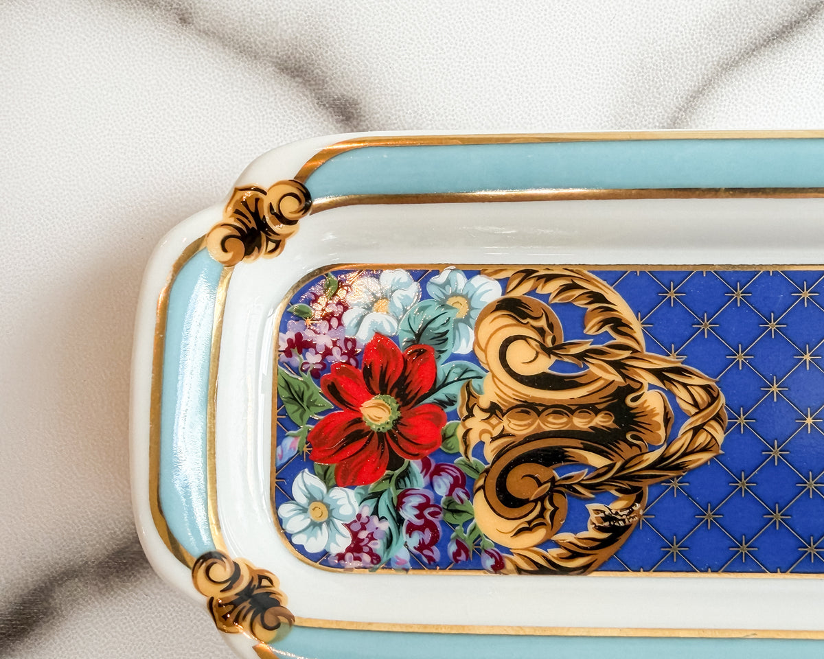 Vintage Neiman Marcus Porcelain Floral Vanity Tray Blue & Gold Trinket Dish