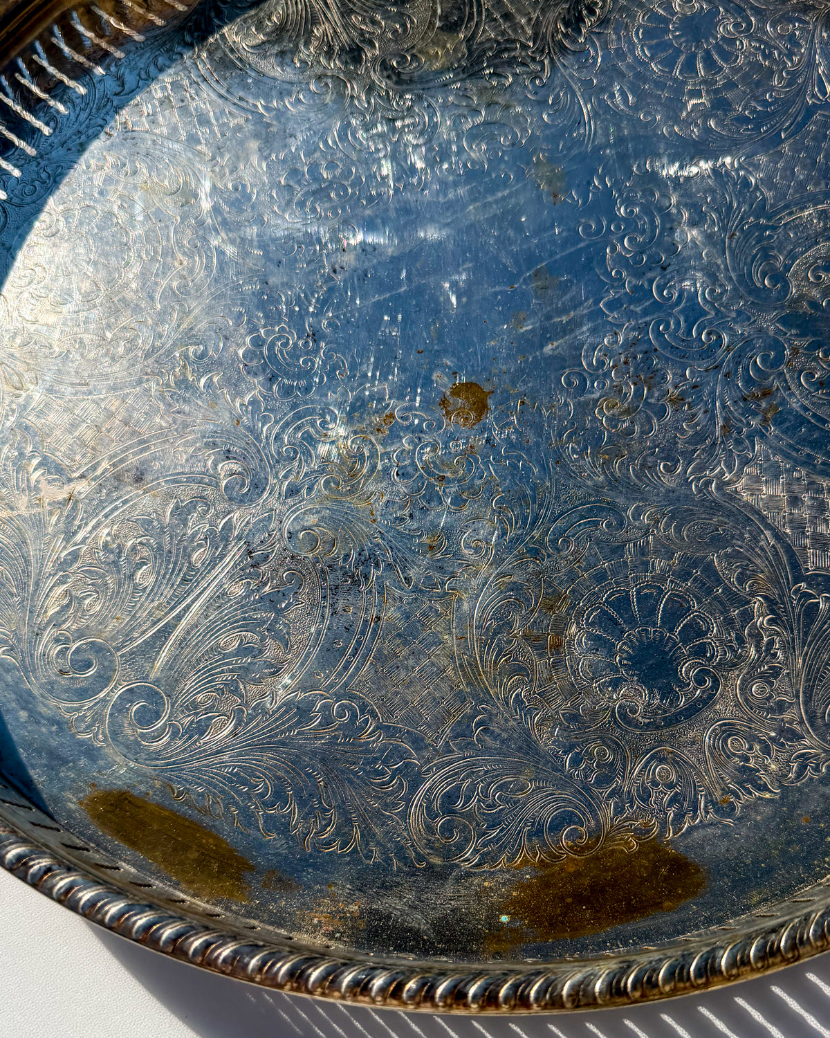Vintage Silverplate Round Serving Tray – Ornate Etched Floral Design