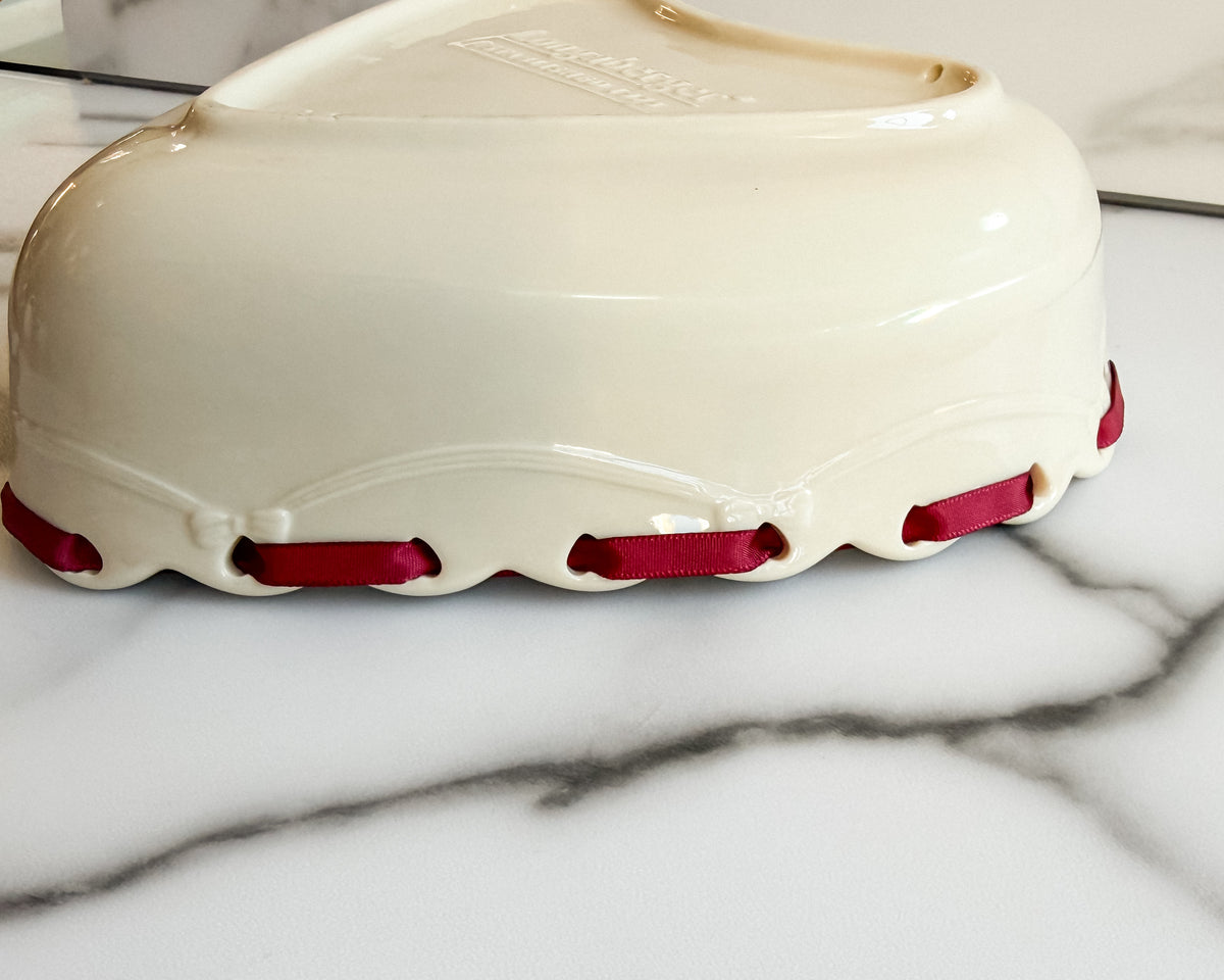 Longaberger Ivory Heart-Shaped Pottery Bowl Embossed Floral Design with Burgundy Ribbon