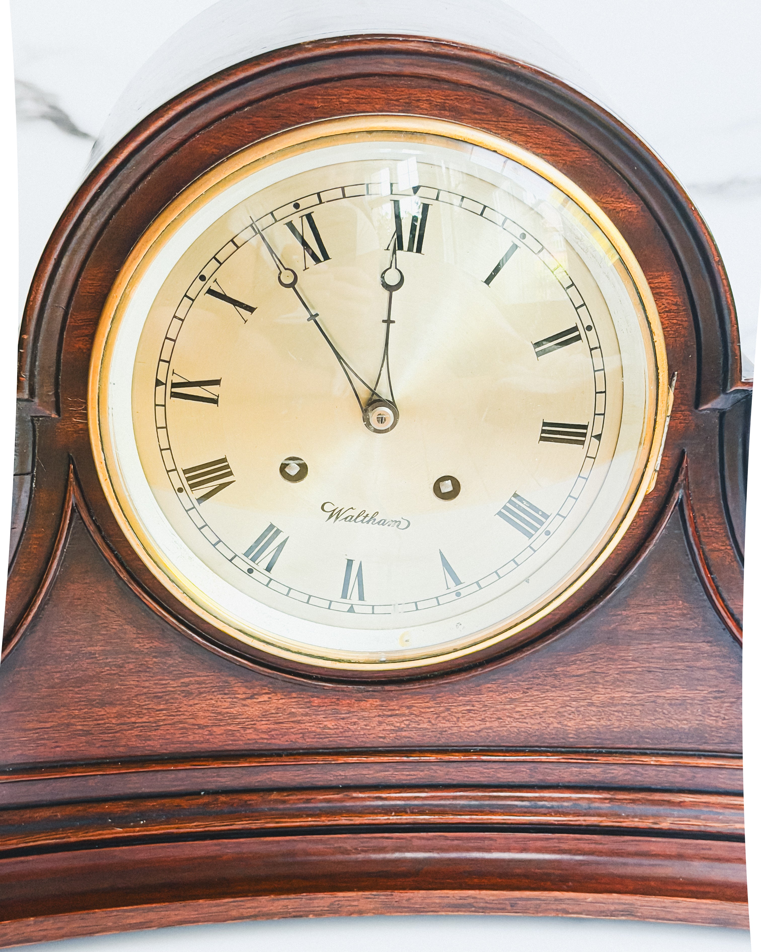 Vintage Mahogany Tambour Waltham Key Wind Mantel Clock with Pendulum & Key