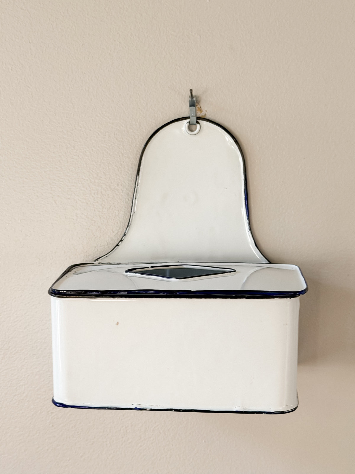 Vintage White Enamelware Wall-Mount Container with Cobalt Blue Trim & Lid