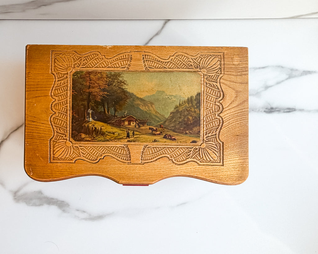 Vintage Carved Wood Jewelry Box with Mirror & Alpine Landscape Vanity Box