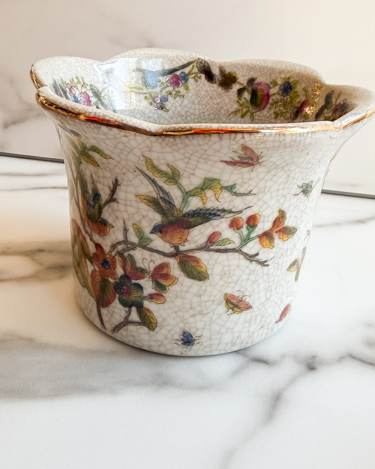 Vintage Chinoiserie Bird & Floral Porcelain Cachepot Crackle Glaze Planter with Gold Trim