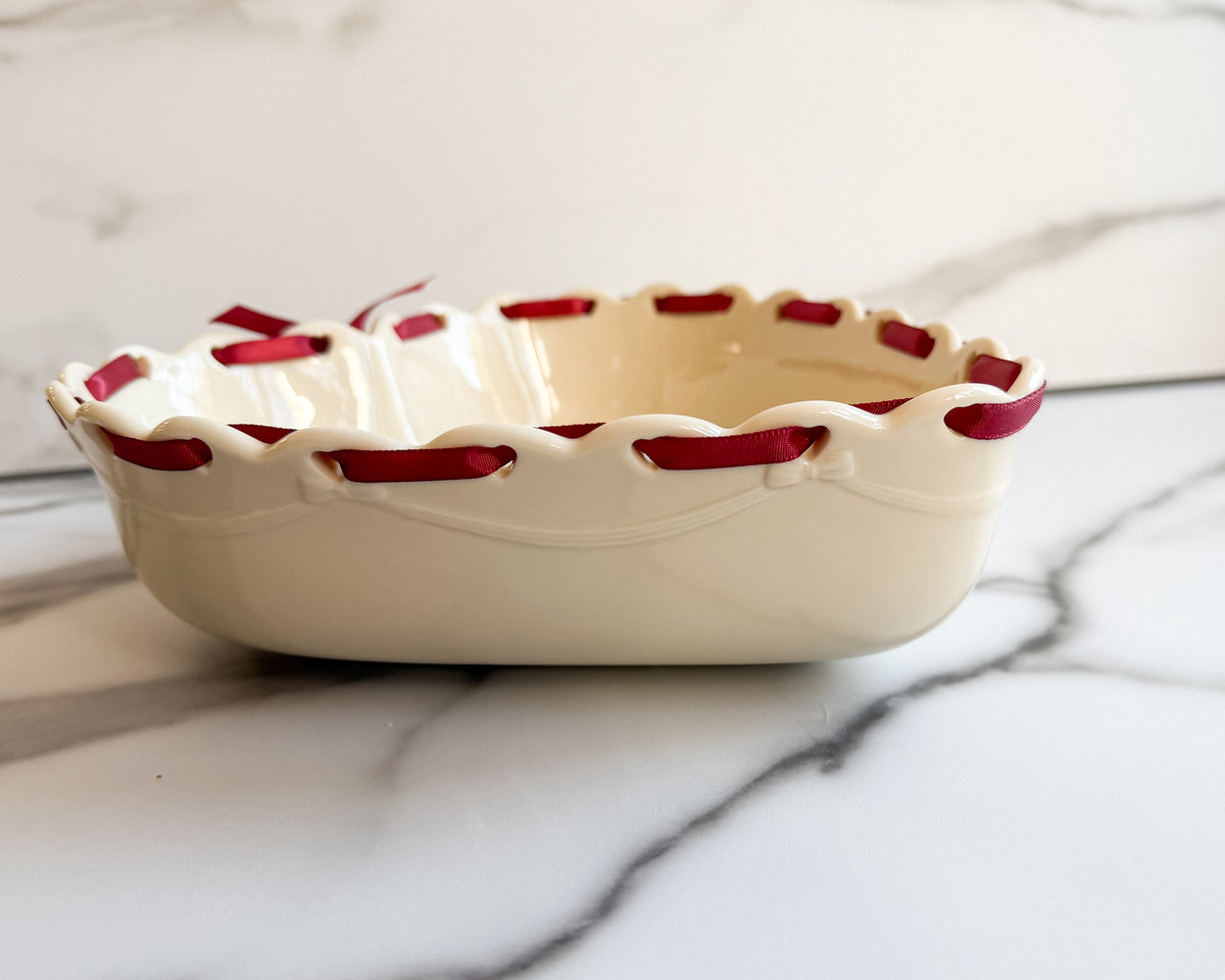 Longaberger Ivory Heart-Shaped Pottery Bowl Embossed Floral Design with Burgundy Ribbon