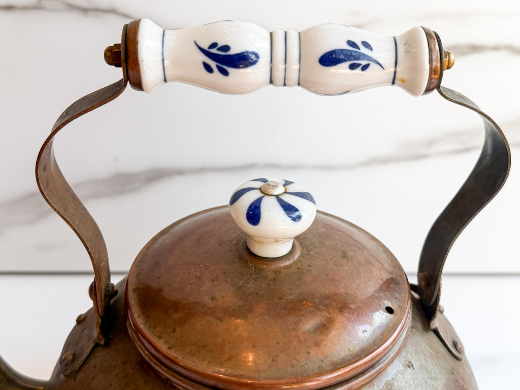 Vintage Copper Tea Kettle with Blue & White Porcelain Handle
