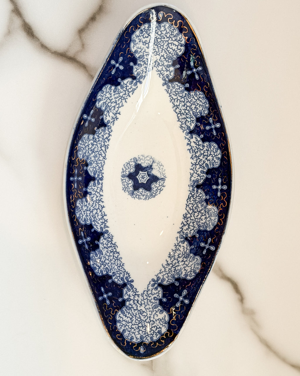 Antique German Flow Blue Persian Moss Serving Dishes with Gold Trim – Blue & White China – Set of 2
