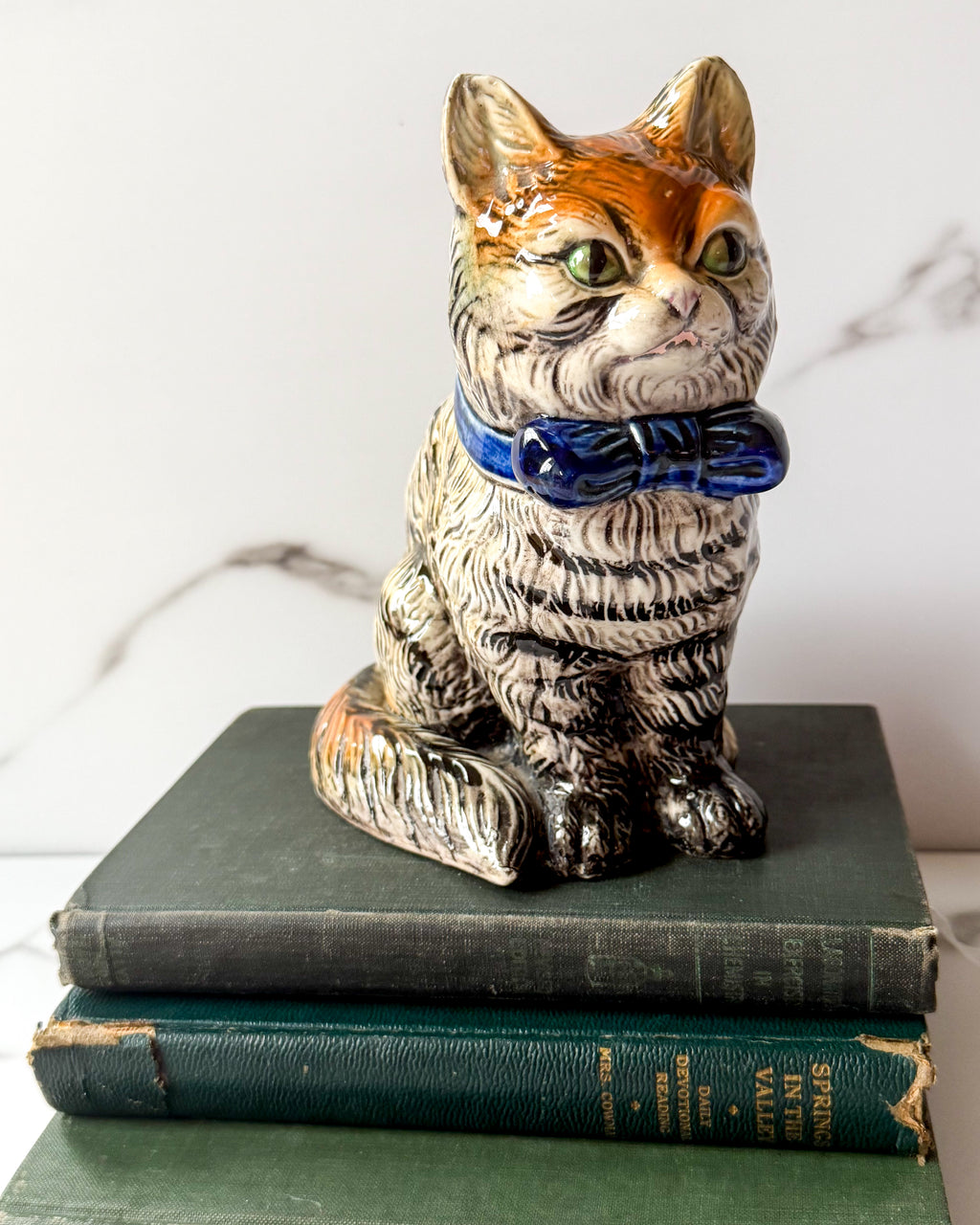 Vintage MCM Ceramic Cat Planter with Blue Bow Tie Made in Japan, 6.5”