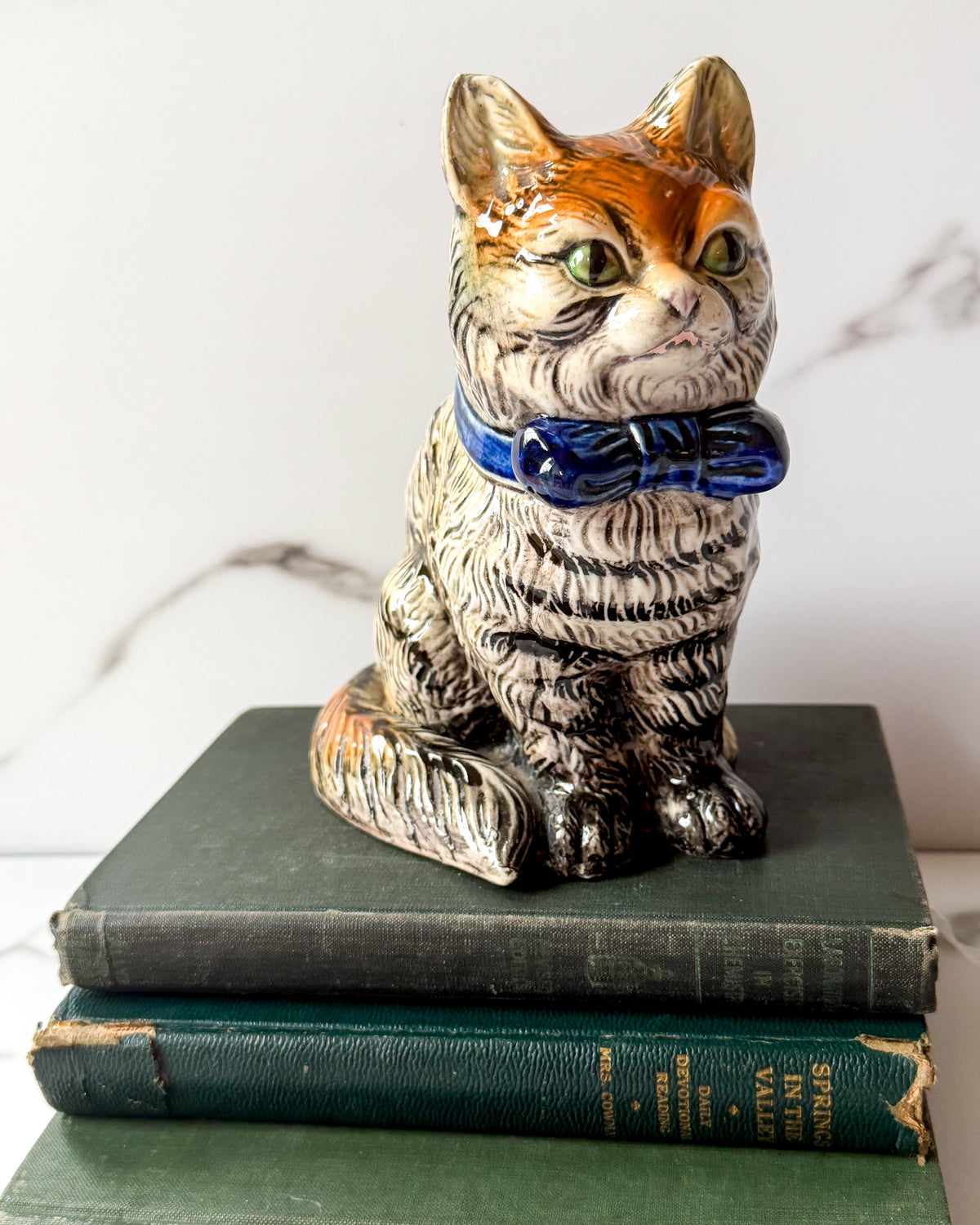 Vintage MCM Ceramic Cat Planter with Blue Bow Tie Made in Japan, 6.5”