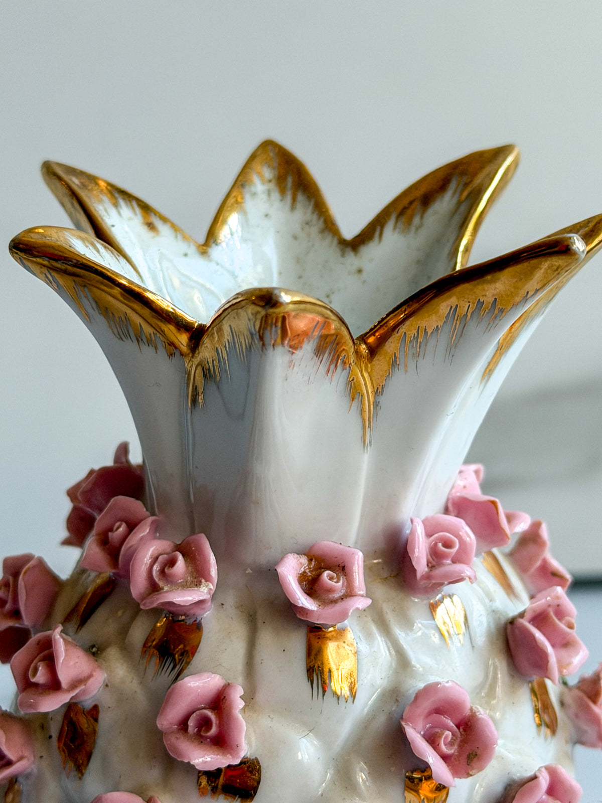 Vintage Lefton China Applied Pink Rosebud Vase Hand Painted Porcelain with Gold Trim KW7283