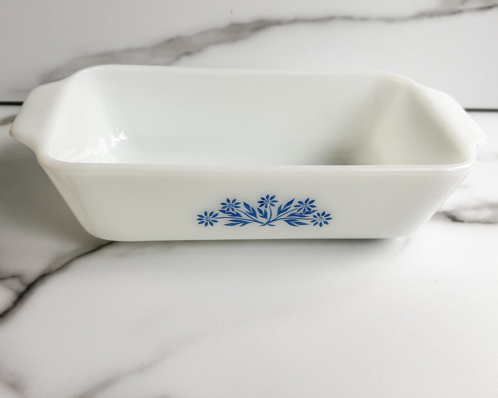 Vintage CorningWare Cornflower Blue Milk Glass Loaf Pan Blue Floral Made in USA