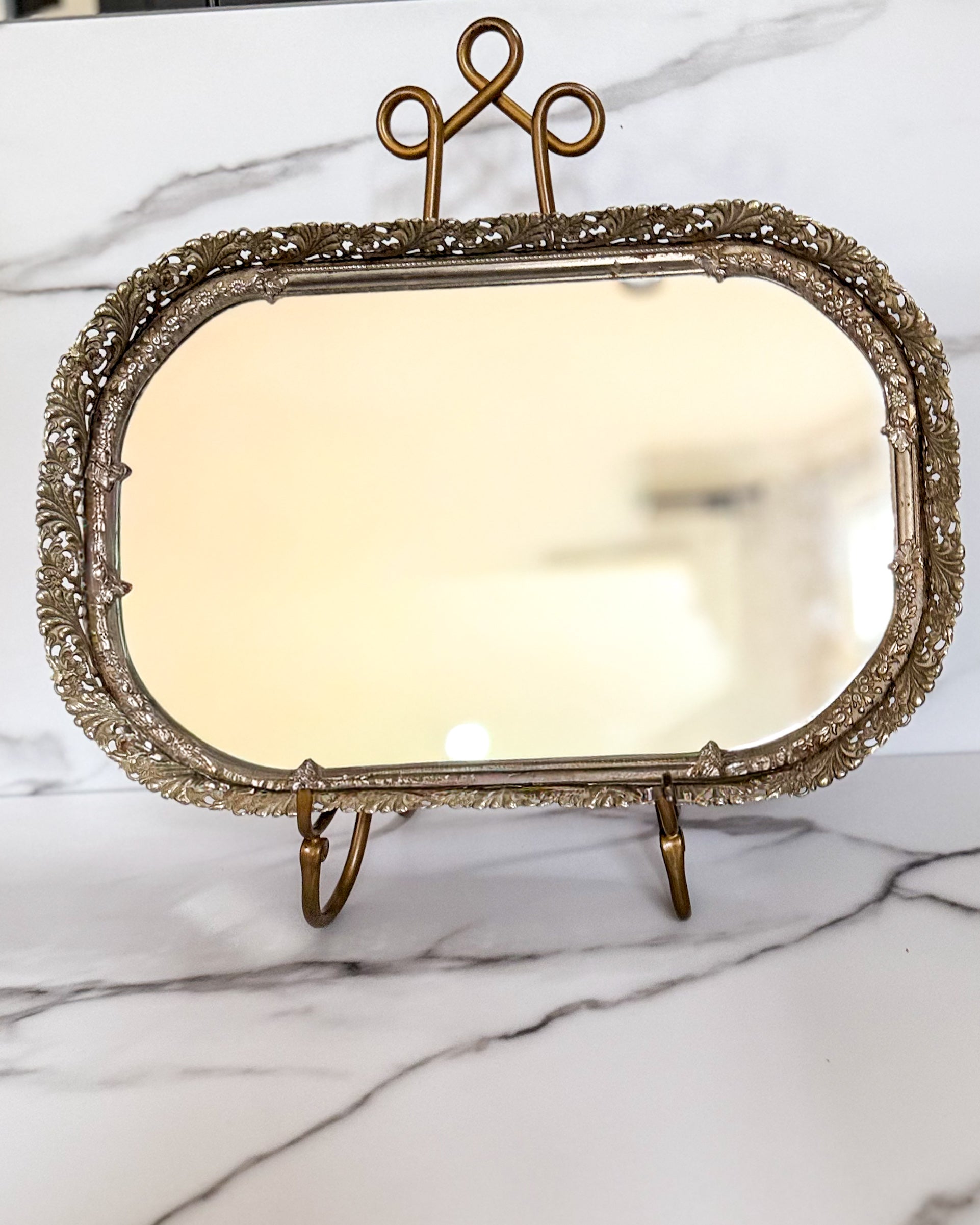 Vintage Hollywood Regency Vanity Mirror Tray Ornate Floral Filigree Dresser Mirror Silver Tone 17.25” x 11.5”