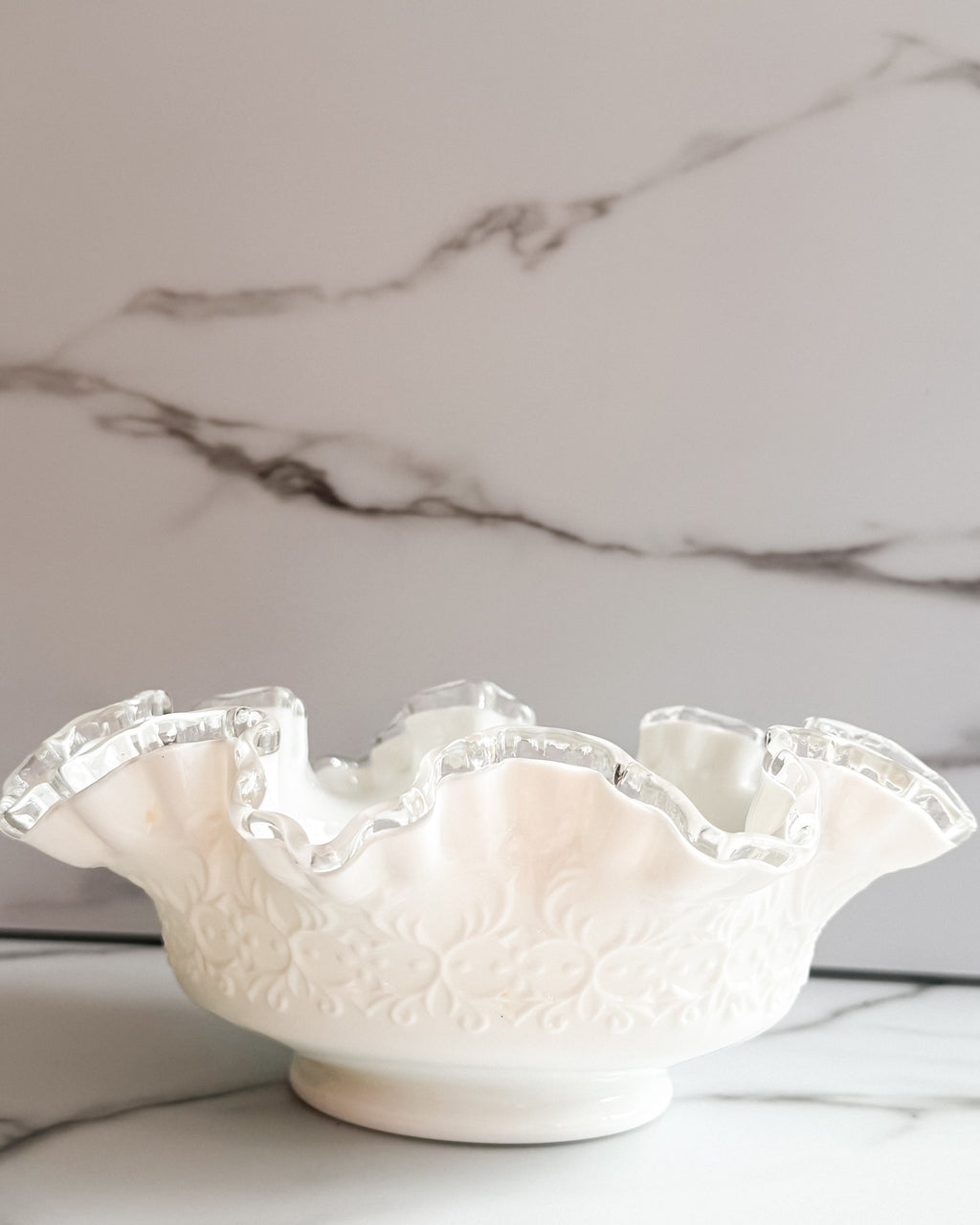 Vintage Fenton Silver Crest Spanish Lace Milk Glass Ruffled Bowl