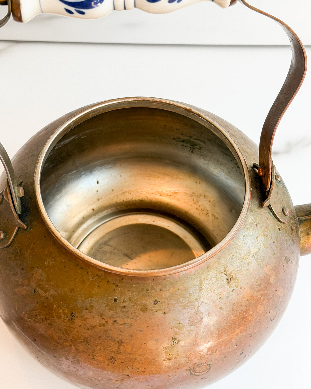 Vintage Copper Tea Kettle with Blue & White Porcelain Handle