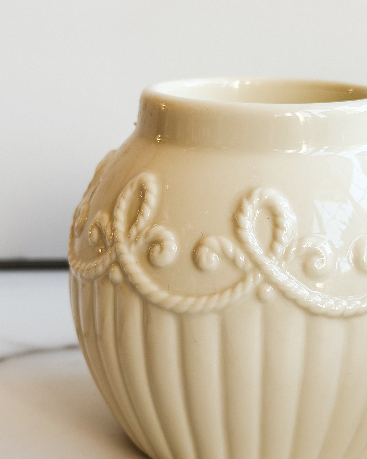 Lenox Ivory Porcelain Tea Light Lamps Set of 2 Ribbed Candle Holders with Raised Floral Scrollwork