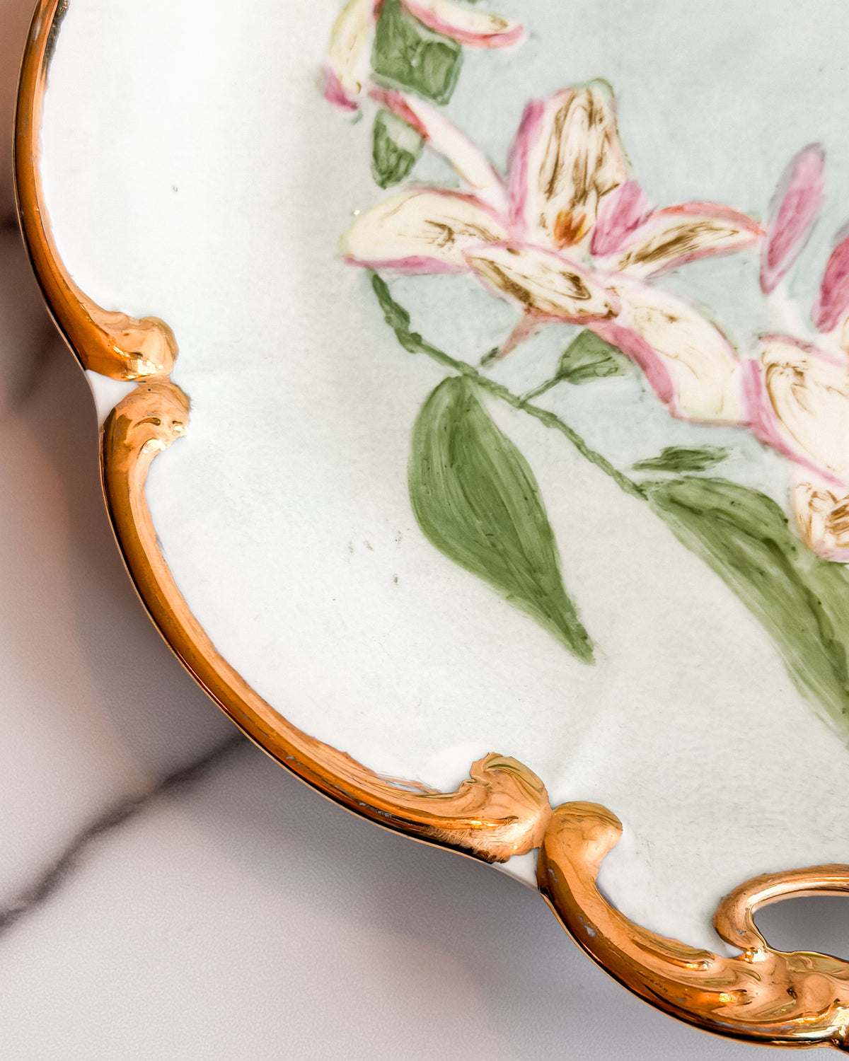 Antique PT Tirschenreuth Bavaria Hand Painted Floral Cake Plate w Gold Handles Made in Germany