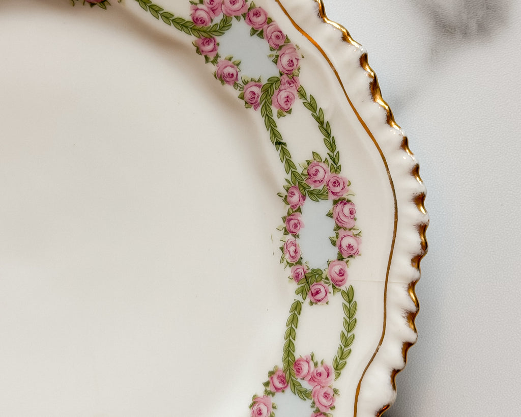 Antique B&P Württemberg Germany Pink Rose Garland Porcelain Plate w Gold Trim