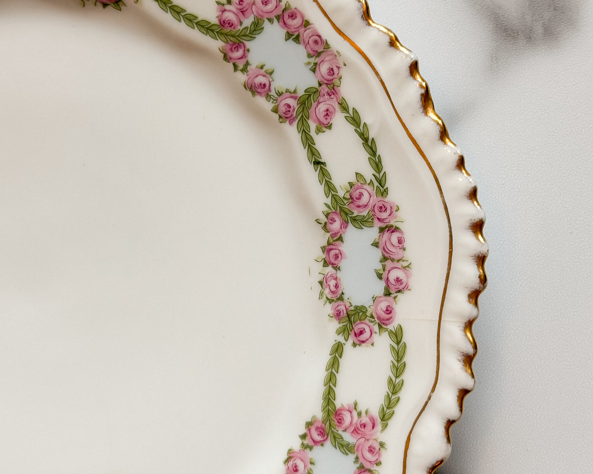 Antique B&P Württemberg Germany Pink Rose Garland Porcelain Plate w Gold Trim