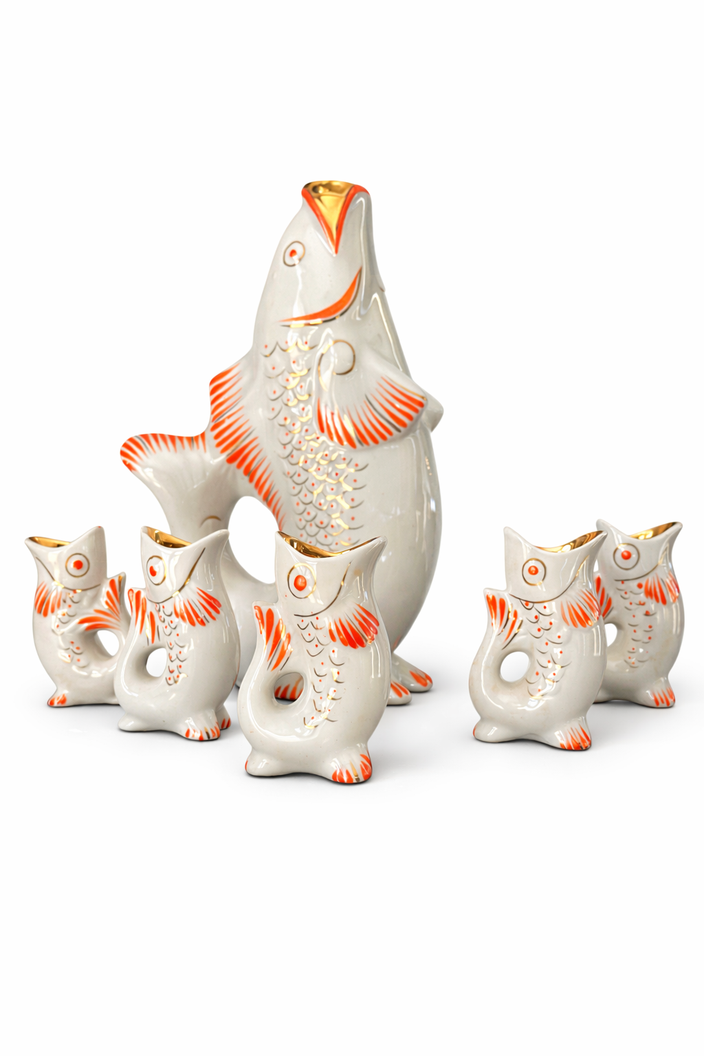 Japanese Fish Sake Set | Ceramic Fish Decanter with 6 Cups | Mid-Century Barware