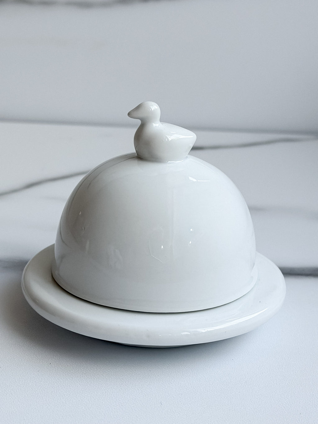 White Ceramic Butter Dish with Duck Handle Lid