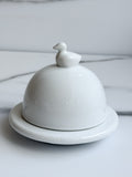 White Ceramic Butter Dish with Duck Handle Lid