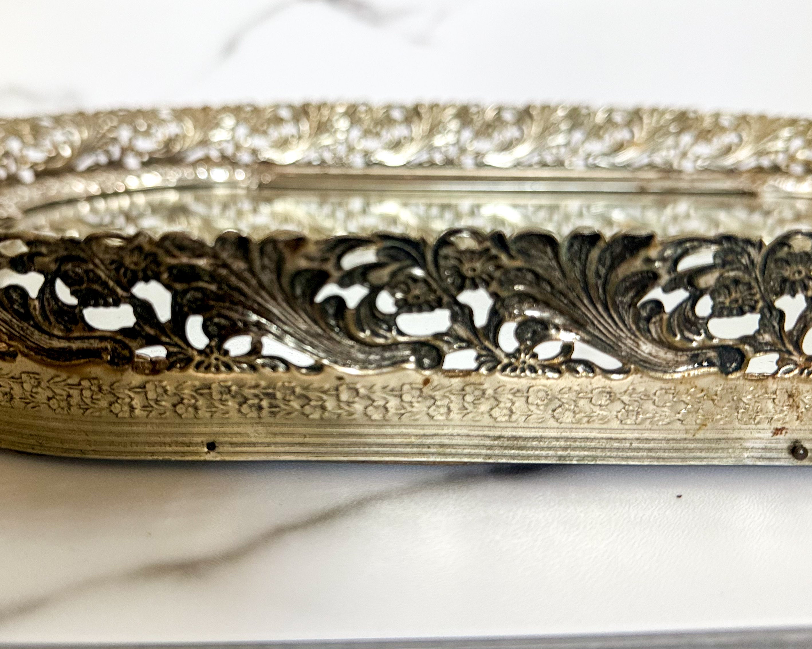 Vintage Hollywood Regency Vanity Mirror Tray Ornate Floral Filigree Dresser Mirror Silver Tone 17.25” x 11.5”