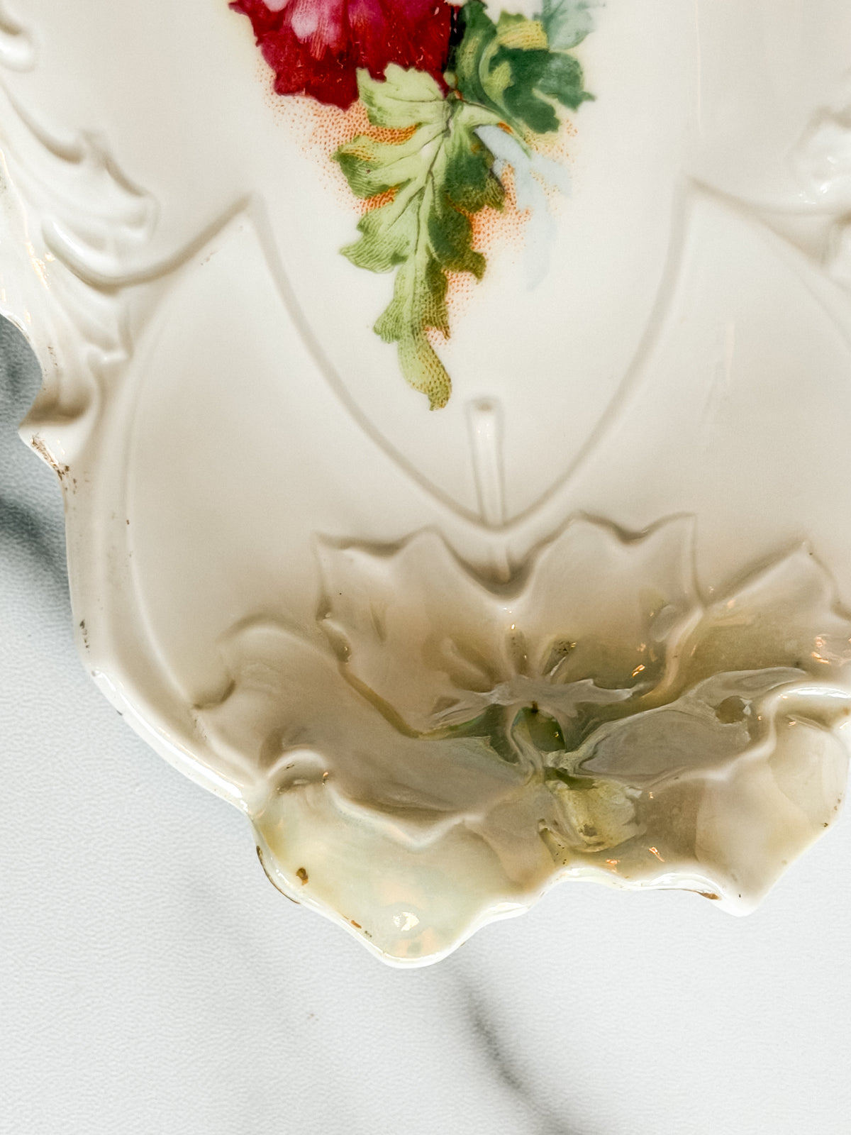 Antique IPF Germany Porcelain Floral Relish Dish Pink Red Flowers Embossed