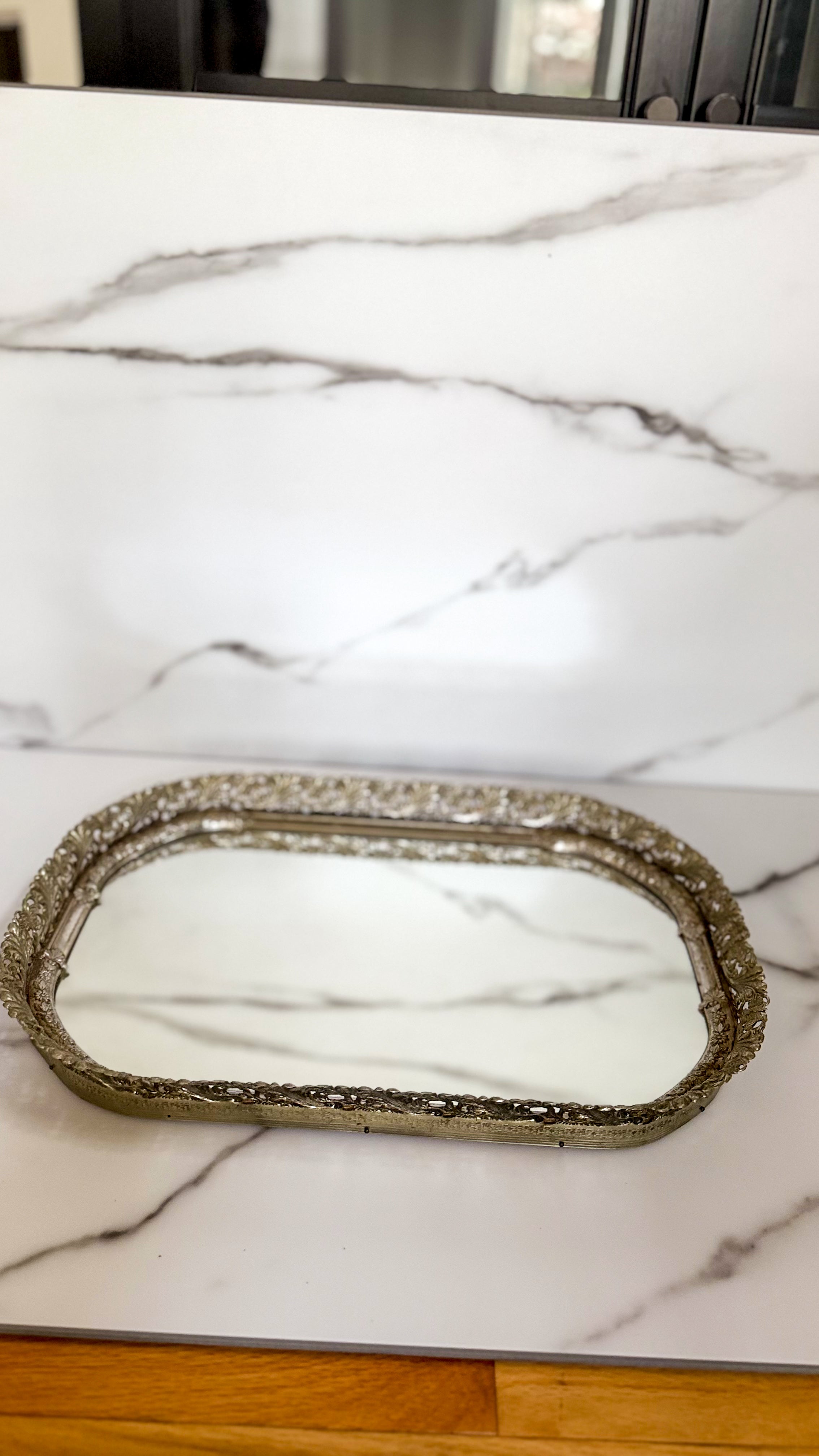 Vintage Hollywood Regency Vanity Mirror Tray Ornate Floral Filigree Dresser Mirror Silver Tone 17.25” x 11.5”