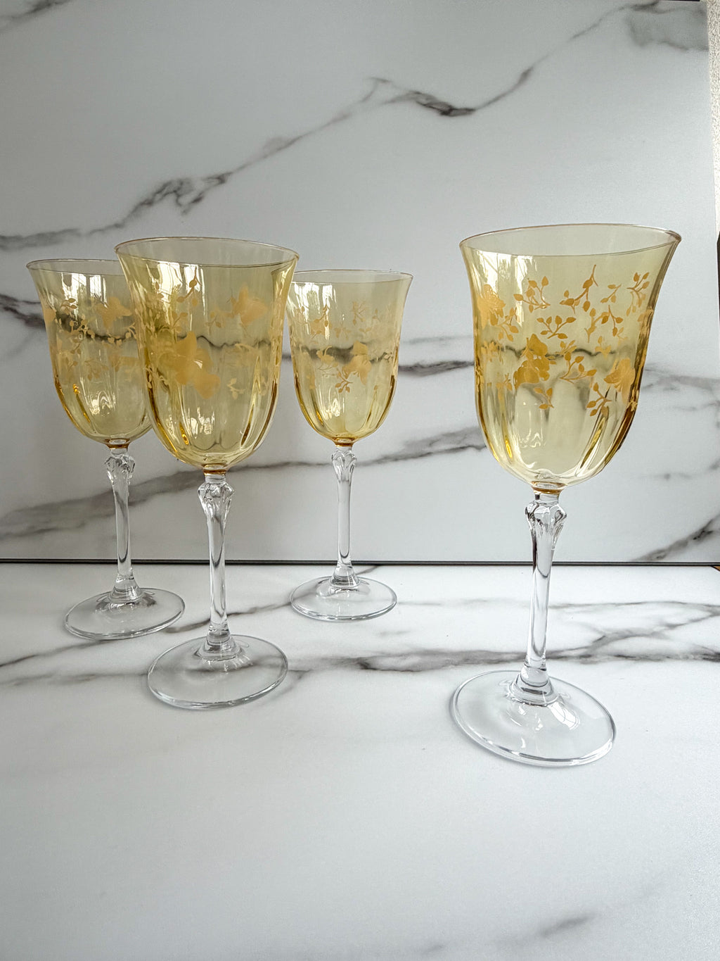 Vintage Amber Yellow Floral Wine Goblets Set of 4 Etched Flowers Clear Stem Glasses