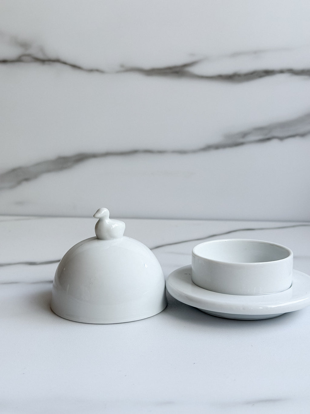 White Ceramic Butter Dish with Duck Handle Lid