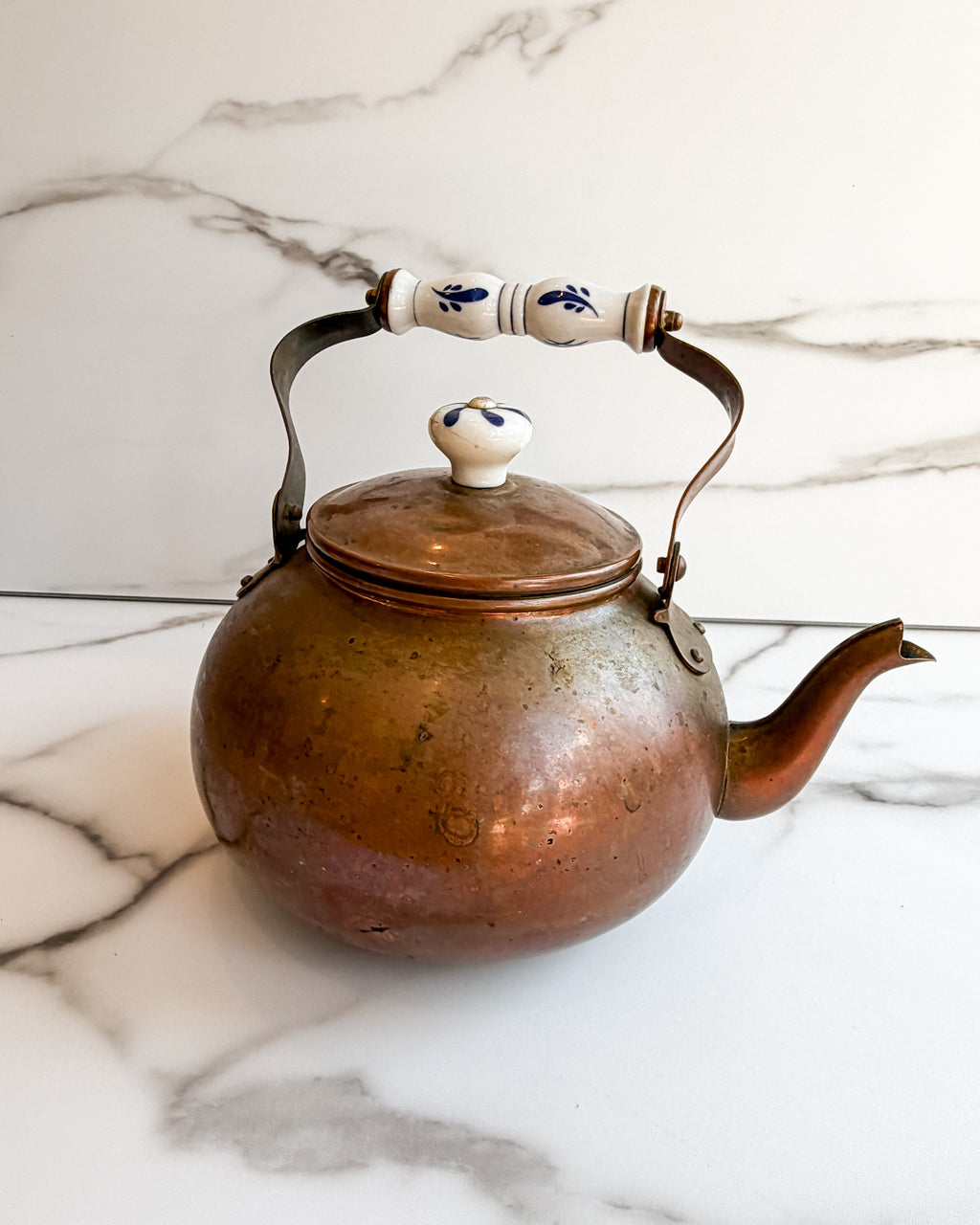 Vintage Copper Tea Kettle with Blue & White Porcelain Handle