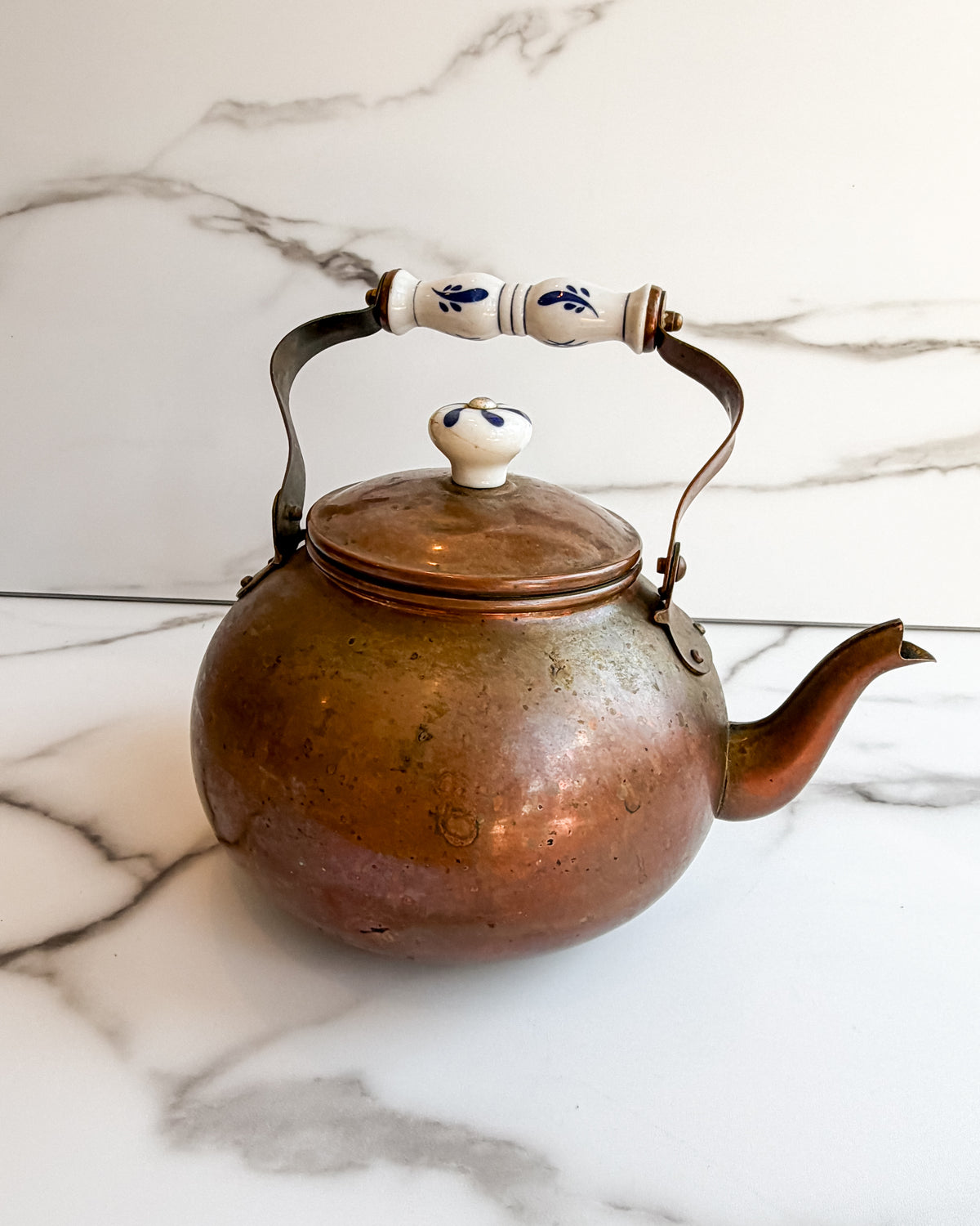 Vintage Copper Tea Kettle with Blue & White Porcelain Handle