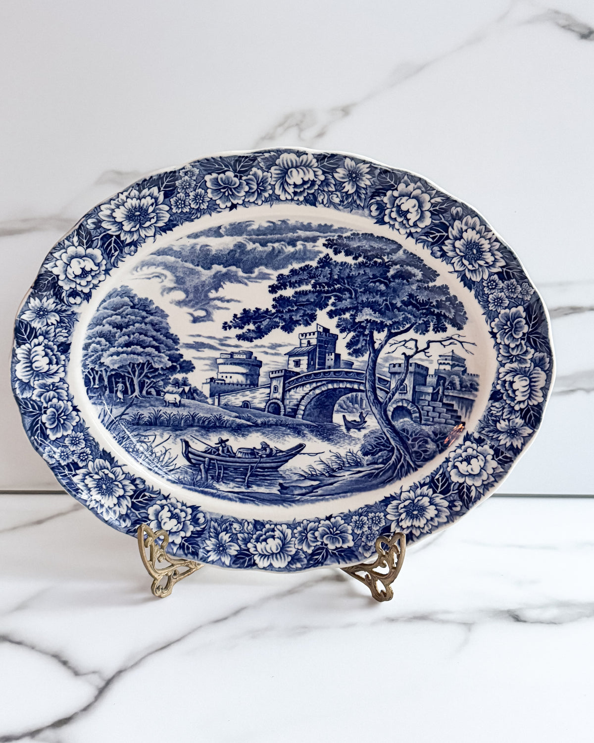 Vintage Blue & White Transferware Castle Scene Oval Wall Platter English Cottage Decor