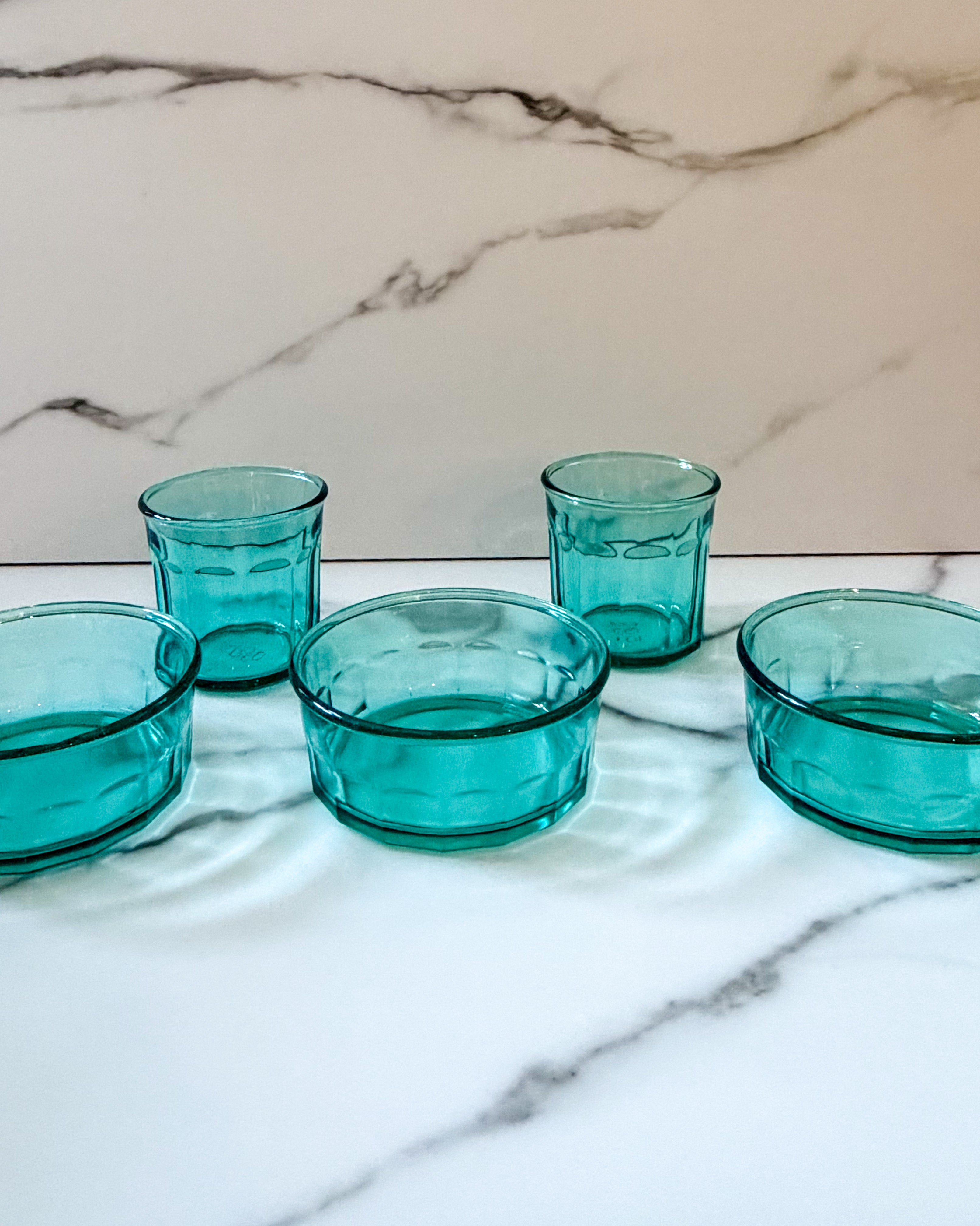 Vintage Arcoroc France Aqua Glass Dessert Bowl & Tumbler Set French Glassware