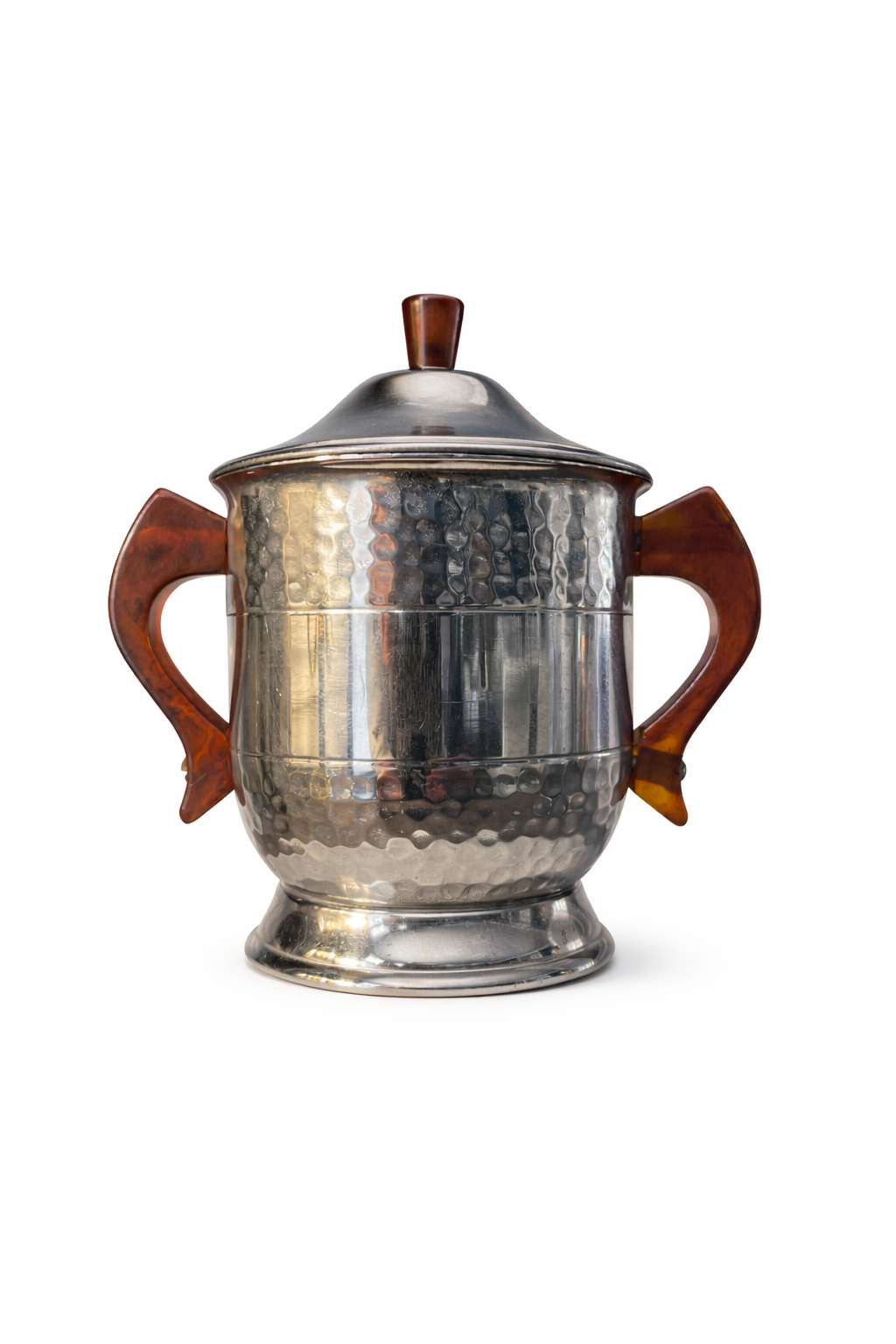 Art Deco Hammered Silverplate Tea Set with Amber Tortoiseshell Bakelite Handles – 3 Piece