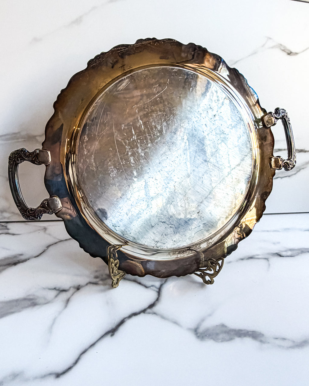 Vintage Oneida Silverplate Round Serving Tray Ornate Floral Engraved Gallery Tray with Handles