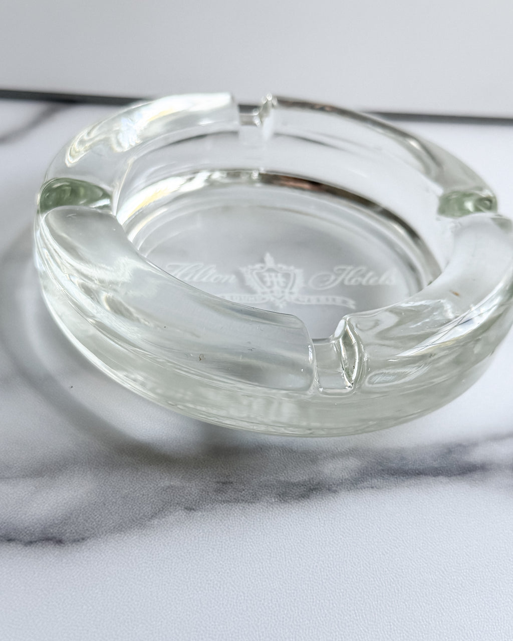 Vintage Hilton Hotels “Around the World” Glass Ashtray 4.5” Hotel Advertising
