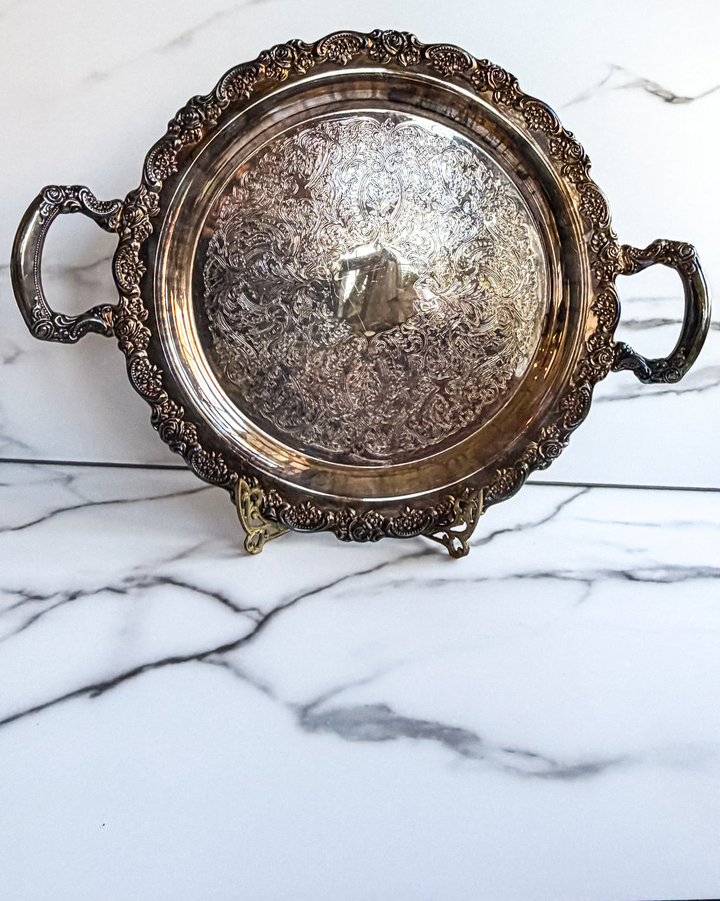 Vintage Oneida Silverplate Round Serving Tray Ornate Floral Engraved Gallery Tray with Handles