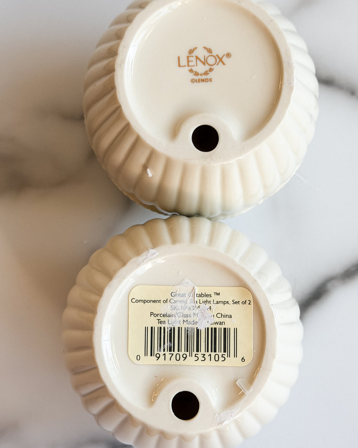 Lenox Ivory Porcelain Tea Light Lamps Set of 2 Ribbed Candle Holders with Raised Floral Scrollwork